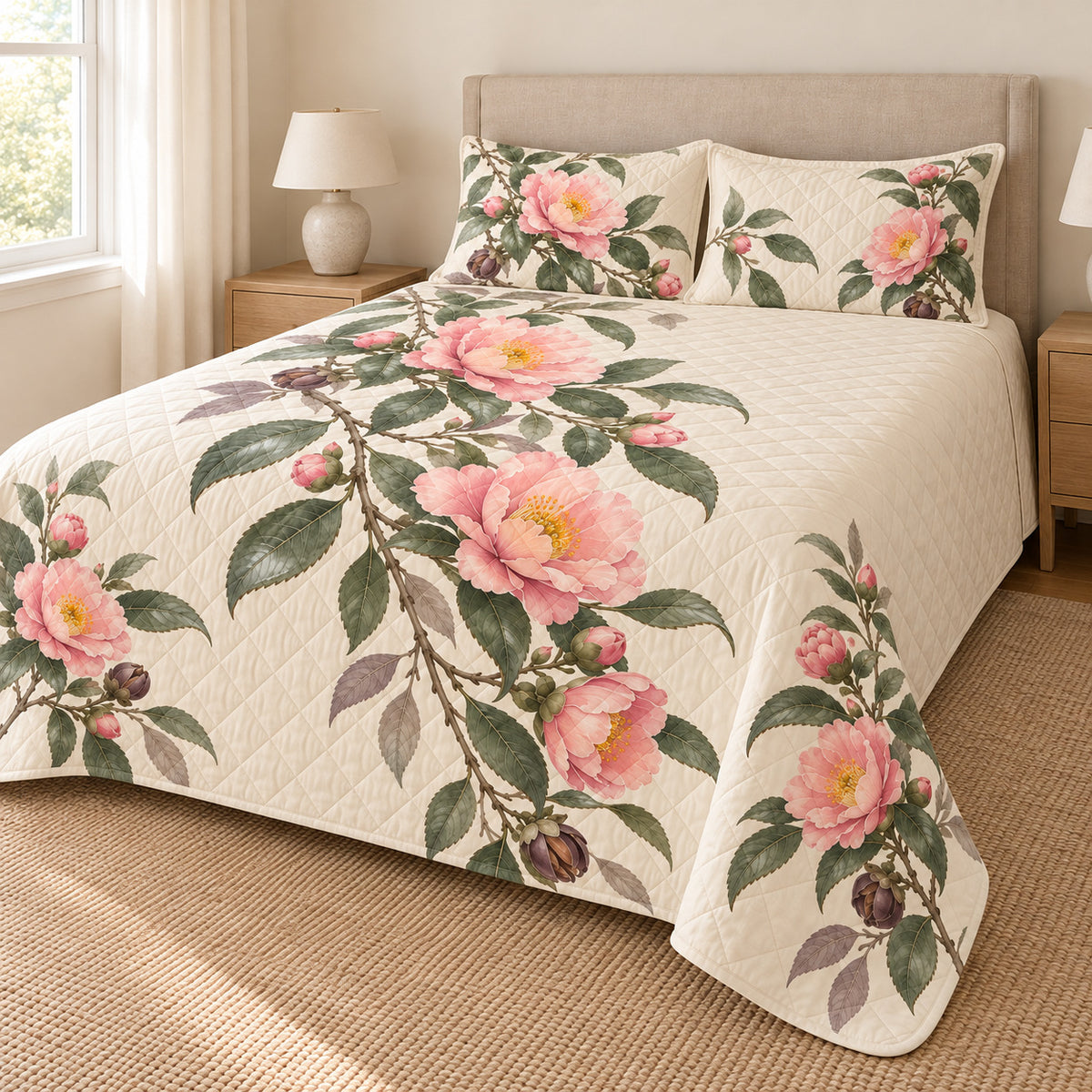 Pink camellia sasanqua quilt set right angle with printed side drape