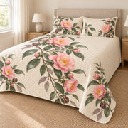 Pink camellia sasanqua quilt set right angle with printed side drape