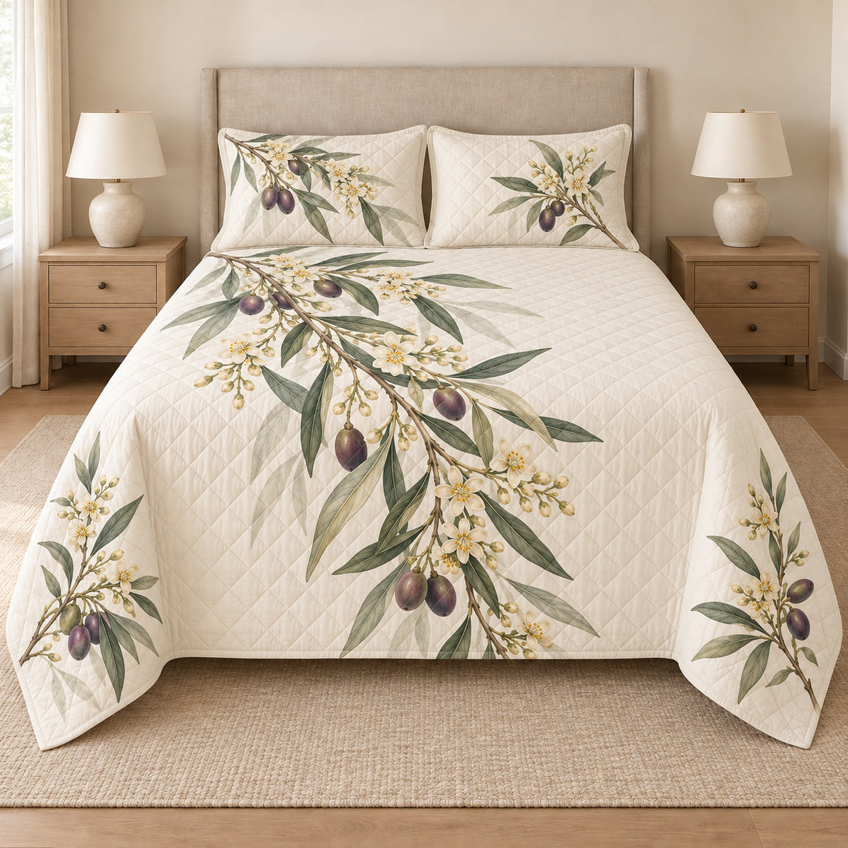 Olive blossom quilt set front view, botanical print and diamond quilting
