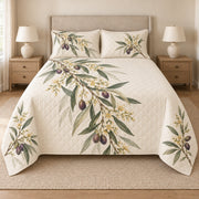 Olive blossom quilt set front view, botanical print and diamond quilting