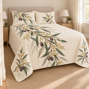 Olive blossom quilt set left angle with matching printed shams