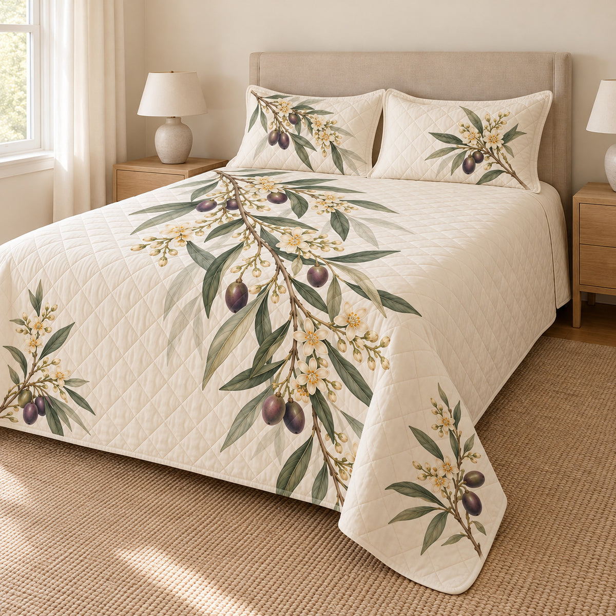 Olive blossom quilt set right angle with continuous side print
