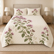 Oregano flowers quilt set front view, lilac herb print and diamond quilting
