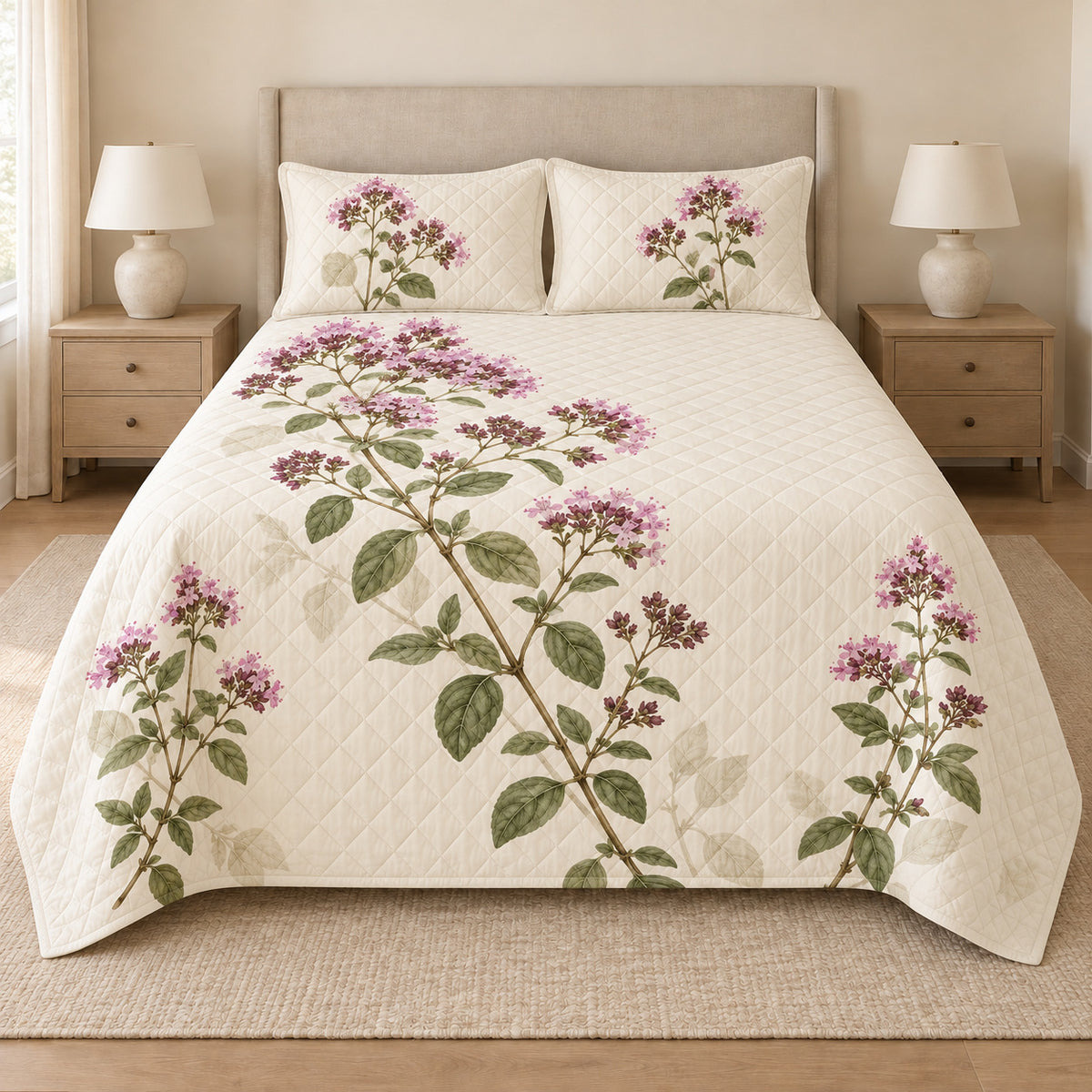 Oregano flowers quilt set front view, lilac herb print and diamond quilting