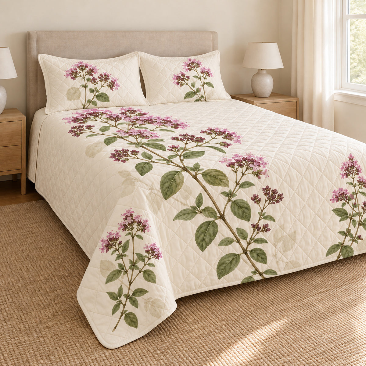 Oregano flowers quilt set left angle with matching printed shams