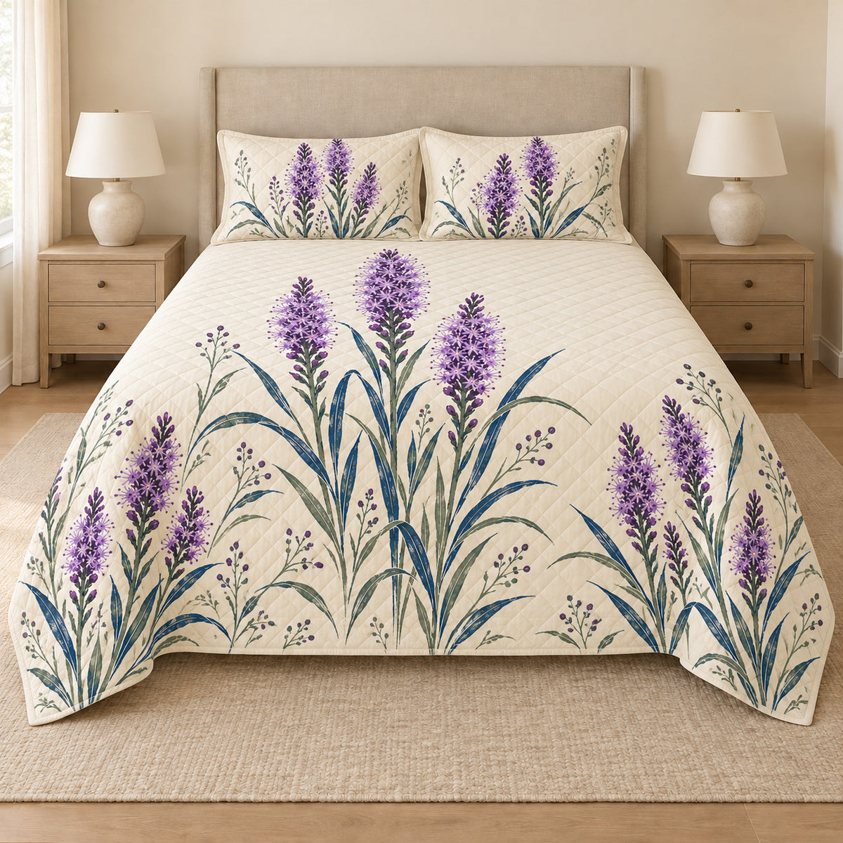 Blazing star quilt set front view, violet hand block floral print and diamond quilting
