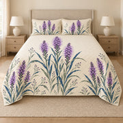 Blazing star quilt set front view, violet hand block floral print and diamond quilting