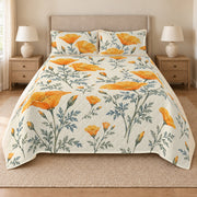 California poppy quilt set front view, continuous print to hem