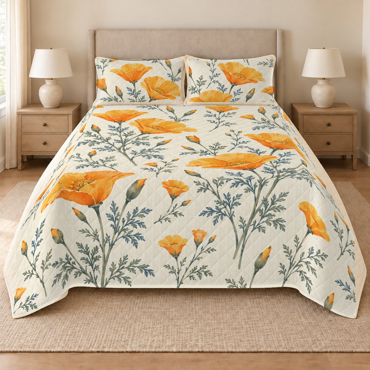 California poppy quilt set front view, continuous print to hem