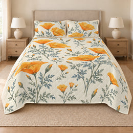 California Poppy Quilt Set, Orange Floral Bedding, Gift for Poppy Lovers