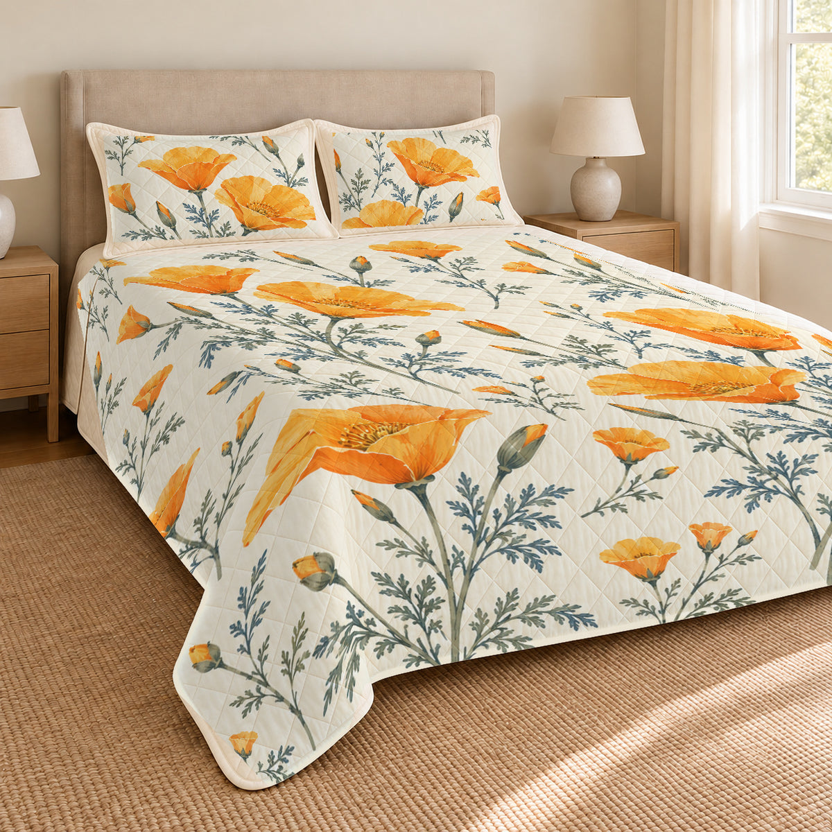 California poppy quilt set left angle, print covering curved drape corners