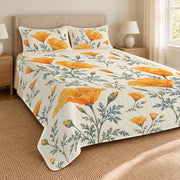 California poppy quilt set left angle, print covering curved drape corners