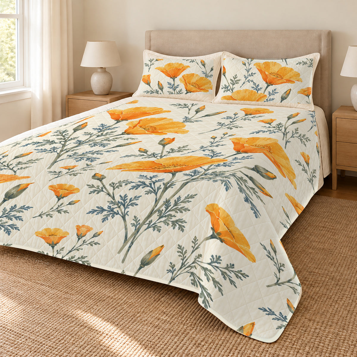 California poppy quilt set right angle, botanical print extending to lower corner hem