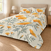 California poppy quilt set right angle, botanical print extending to lower corner hem