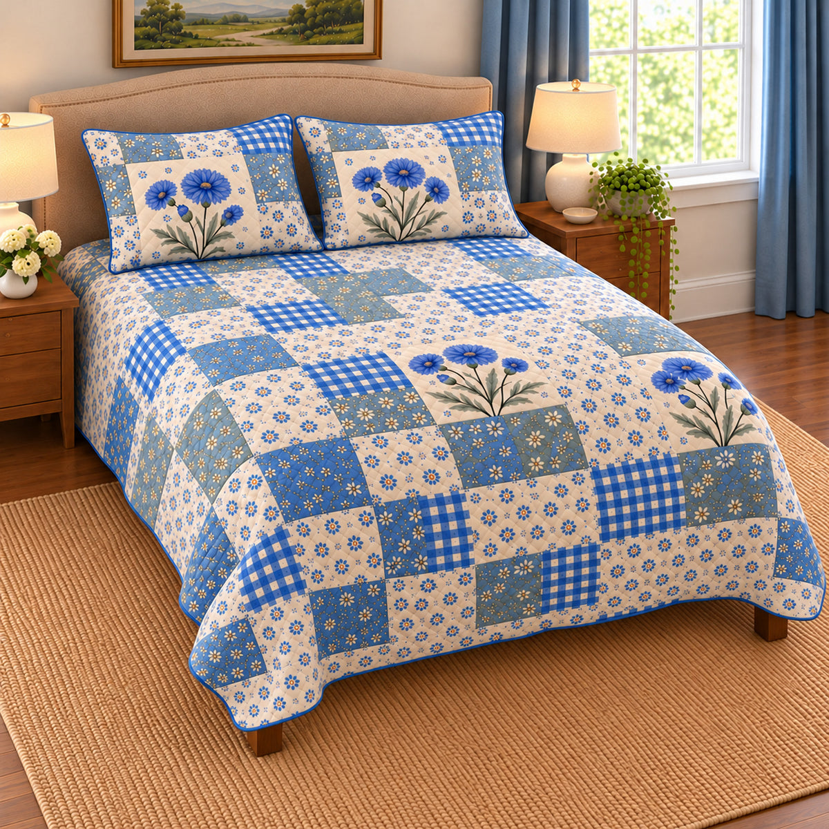 Cornflower patchwork quilt set, left view, AI-generated digital product mockup