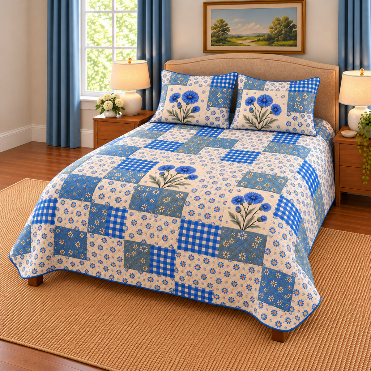 Cornflower patchwork quilt set, right view, AI-generated digital product mockup