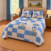 Cornflower patchwork quilt set, right view, AI-generated digital product mockup