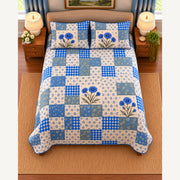 Cornflower patchwork quilt set, overhead view, AI-generated digital product mockup