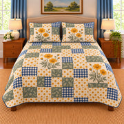Golden yellow cosmos patchwork quilt set, front view, AI-generated digital product mockup