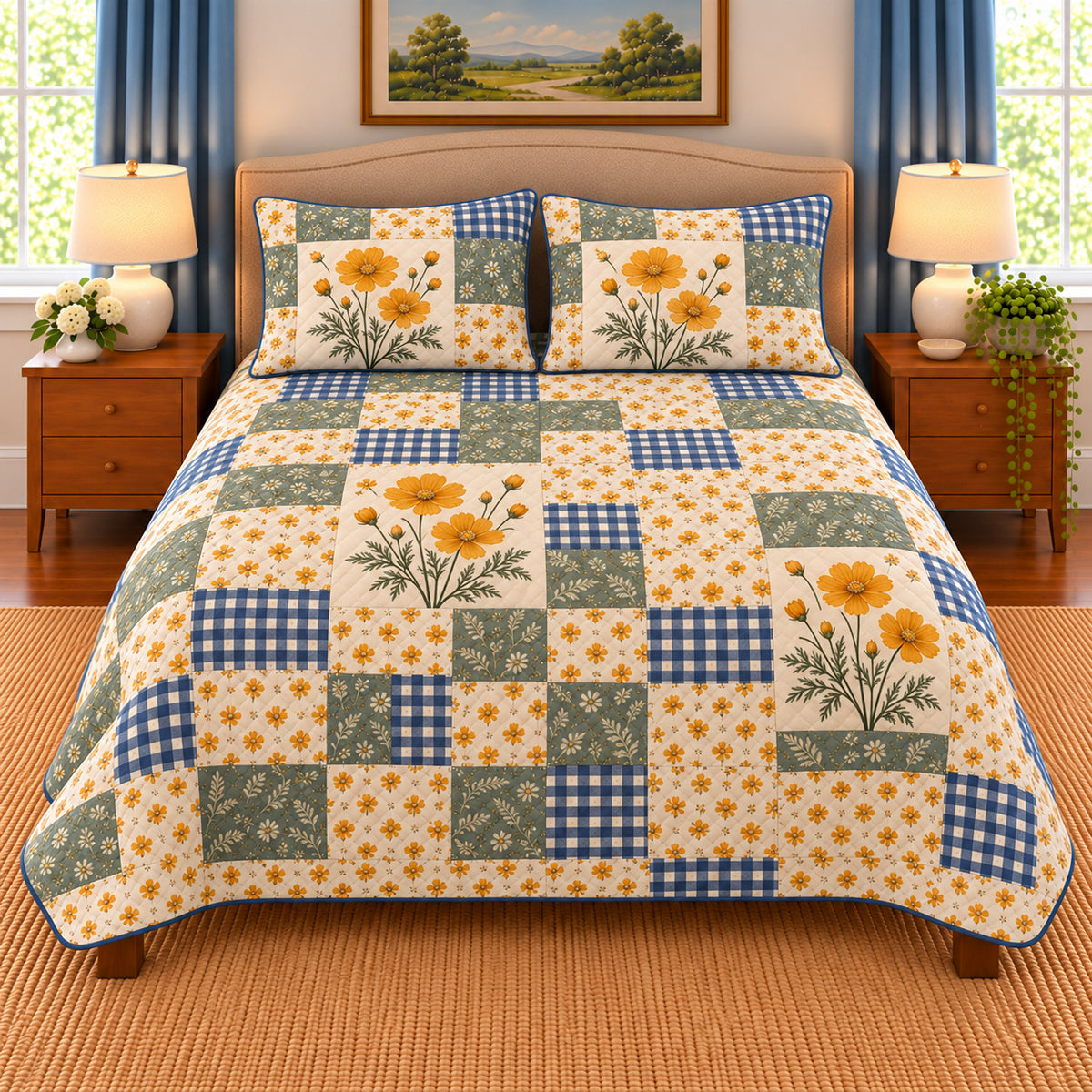 Golden yellow cosmos patchwork quilt set, front view, AI-generated digital product mockup