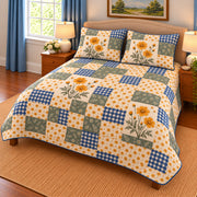 Golden yellow cosmos patchwork quilt set, right view, AI-generated digital product mockup