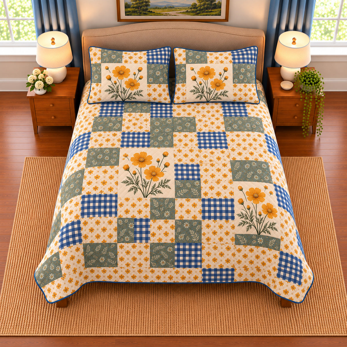 Golden yellow cosmos patchwork quilt set, overhead view, AI-generated digital product mockup
