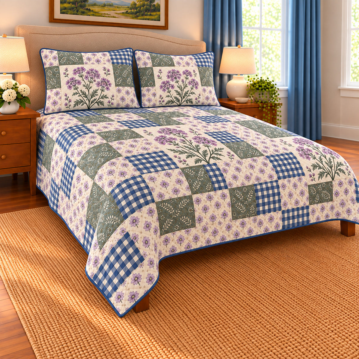 Verbena patchwork quilt set, left view, AI-generated digital product mockup