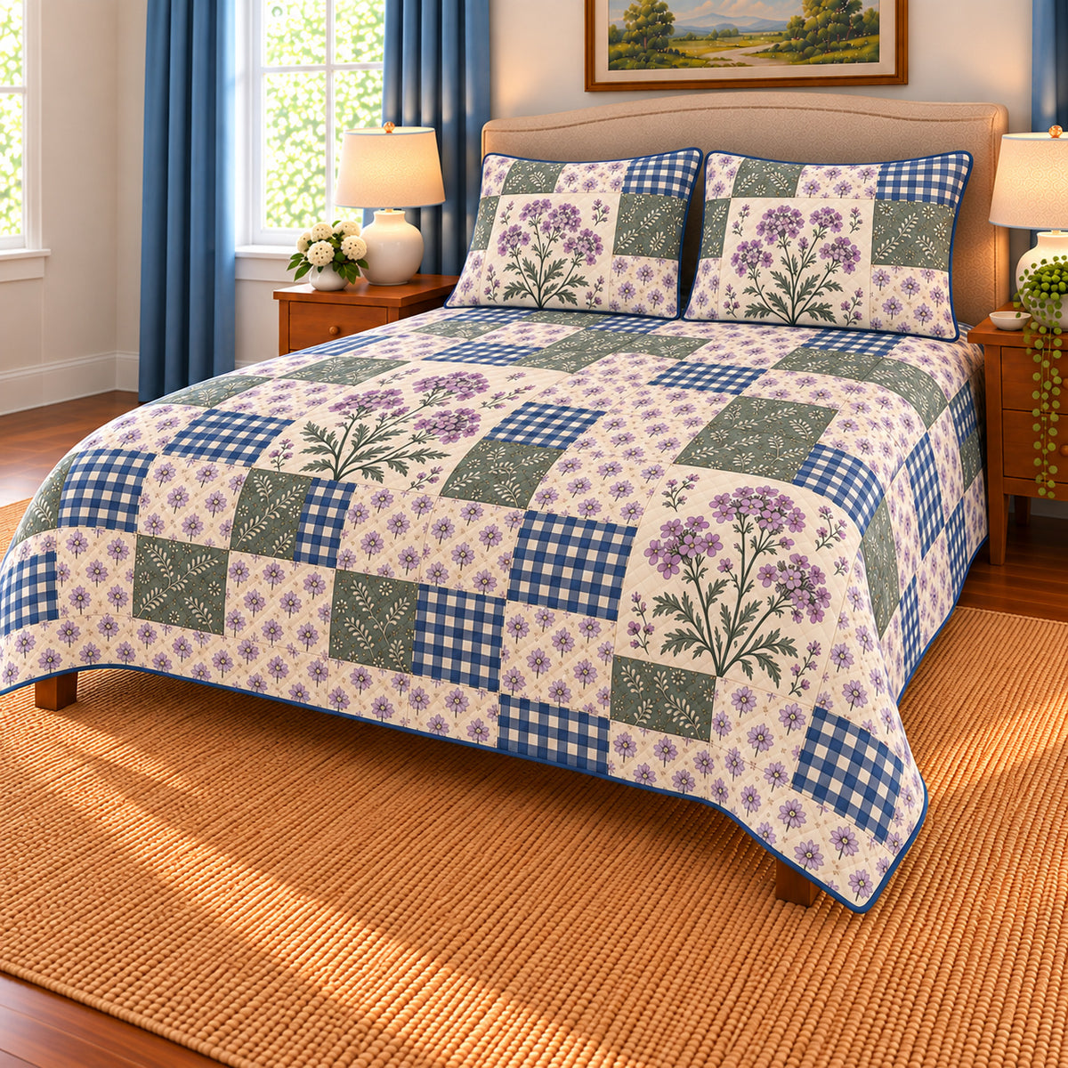 Verbena patchwork quilt set, right view, AI-generated digital product mockup