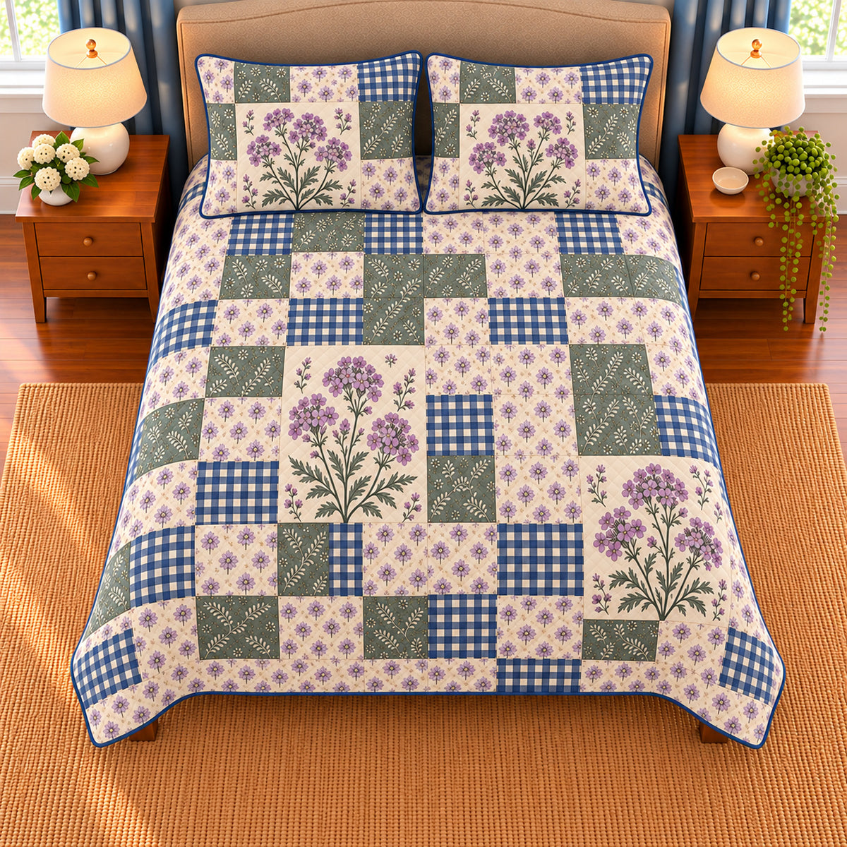 Verbena patchwork quilt set, overhead view, AI-generated digital product mockup