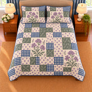Verbena patchwork quilt set, overhead view, AI-generated digital product mockup