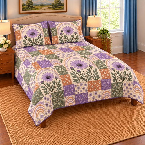 African Daisy patchwork quilt set, left view, AI-generated digital product mockup