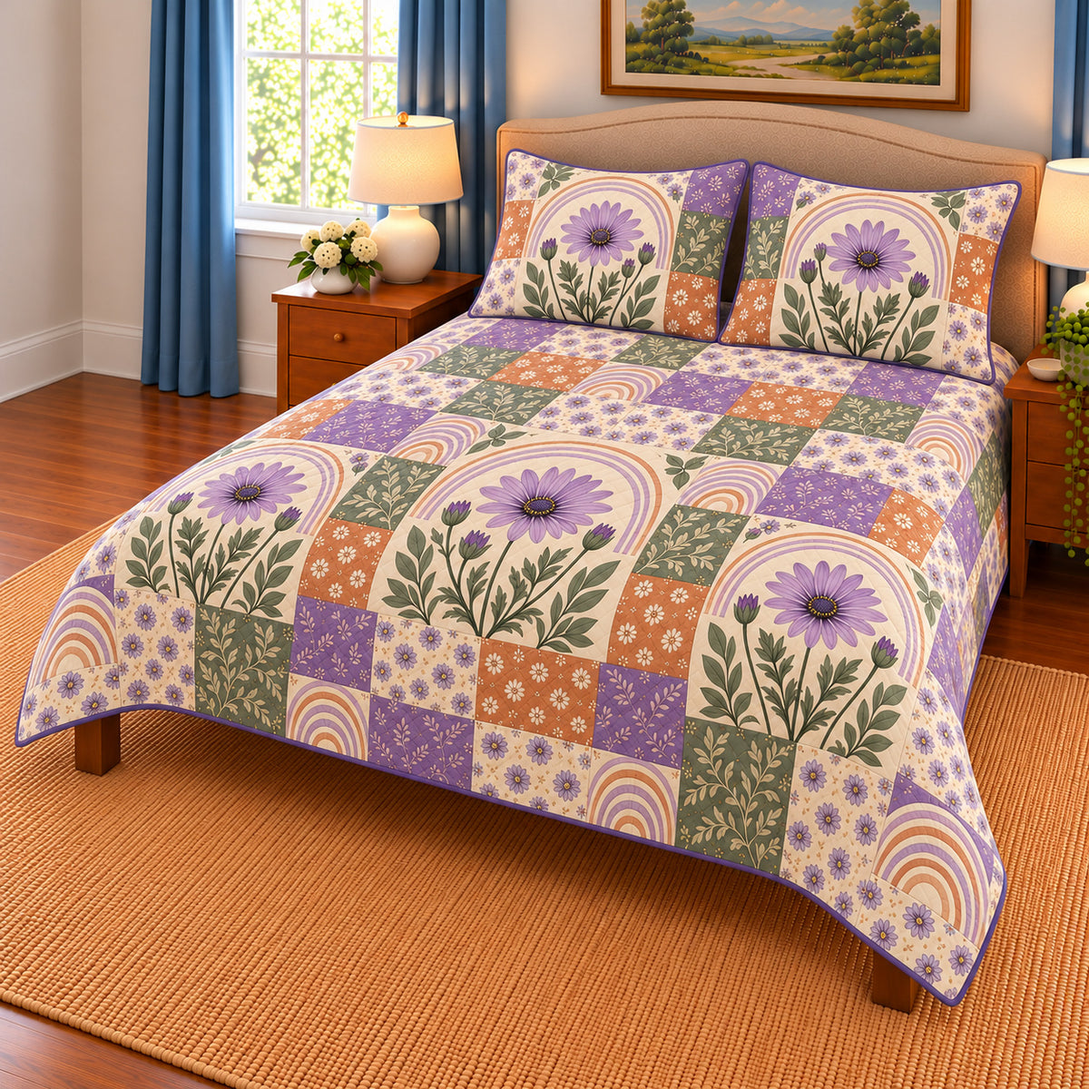 African Daisy patchwork quilt set, right view, AI-generated digital product mockup