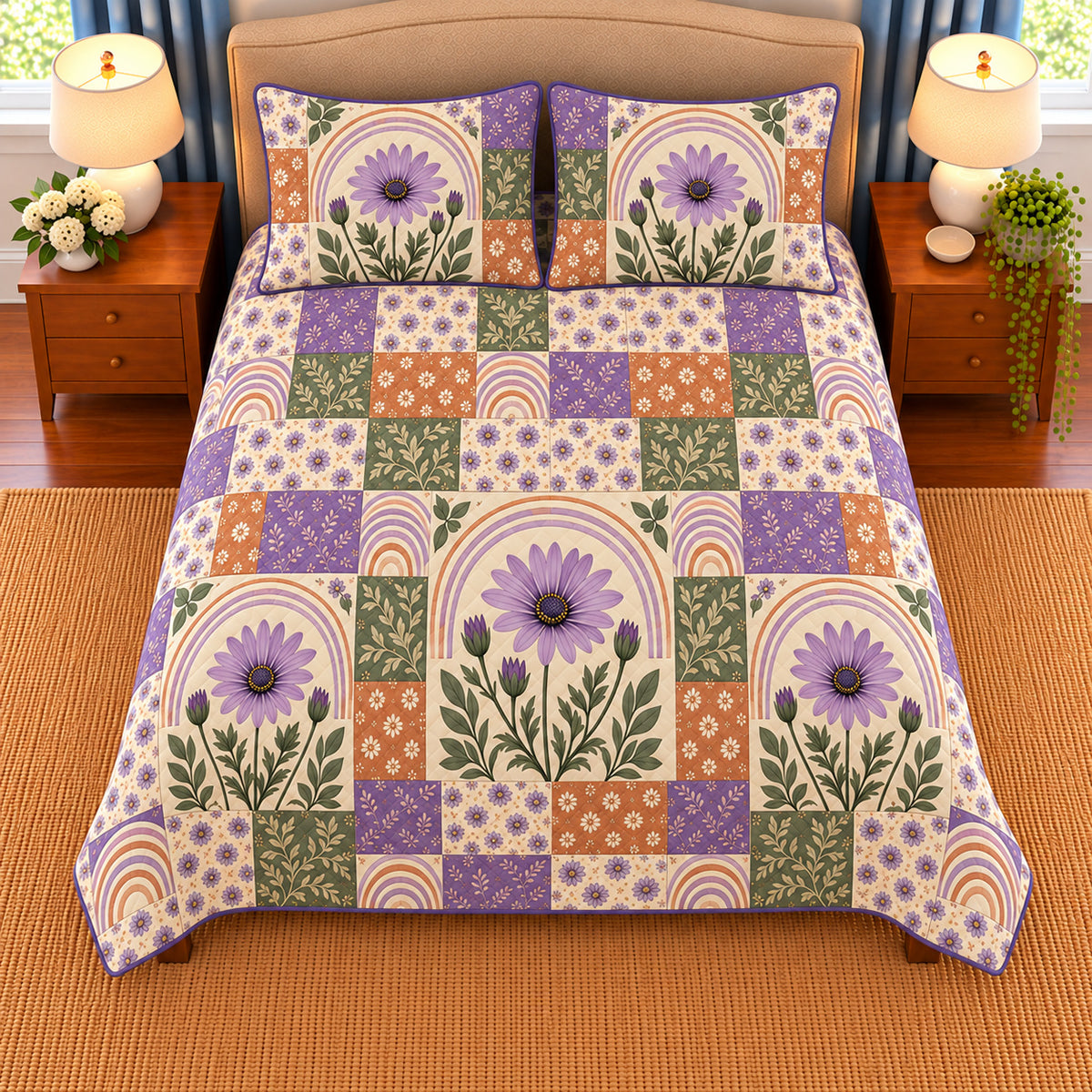 African Daisy patchwork quilt set, overhead view, AI-generated digital product mockup