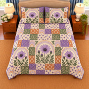 African Daisy patchwork quilt set, overhead view, AI-generated digital product mockup