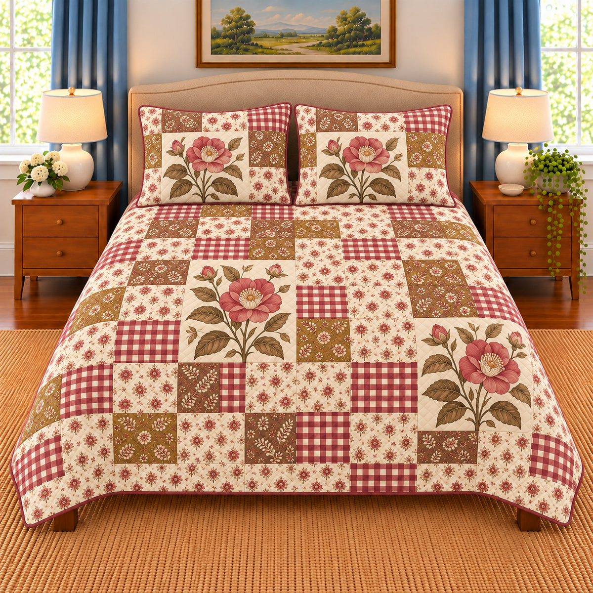 Camellia patchwork quilt set, front view, AI-generated digital product mockup