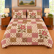 Camellia patchwork quilt set, front view, AI-generated digital product mockup