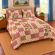 Camellia patchwork quilt set, left view, AI-generated digital product mockup