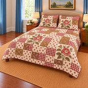 Camellia patchwork quilt set, right view, AI-generated digital product mockup