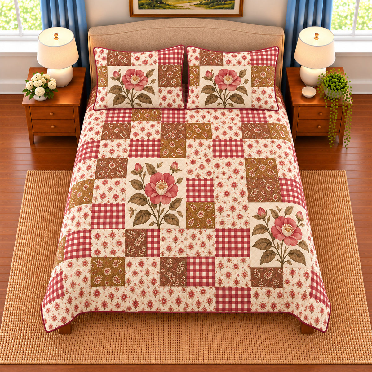 Camellia patchwork quilt set, overhead view, AI-generated digital product mockup
