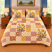 Daffodil patchwork quilt set, front view, AI-generated digital product mockup