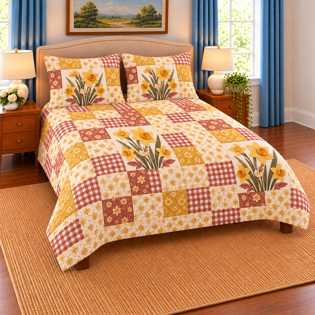 Daffodil patchwork quilt set, left view, AI-generated digital product mockup