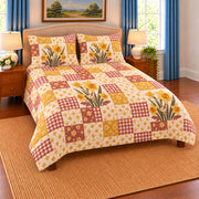 Daffodil patchwork quilt set, left view, AI-generated digital product mockup