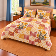 Daffodil patchwork quilt set, right view, AI-generated digital product mockup