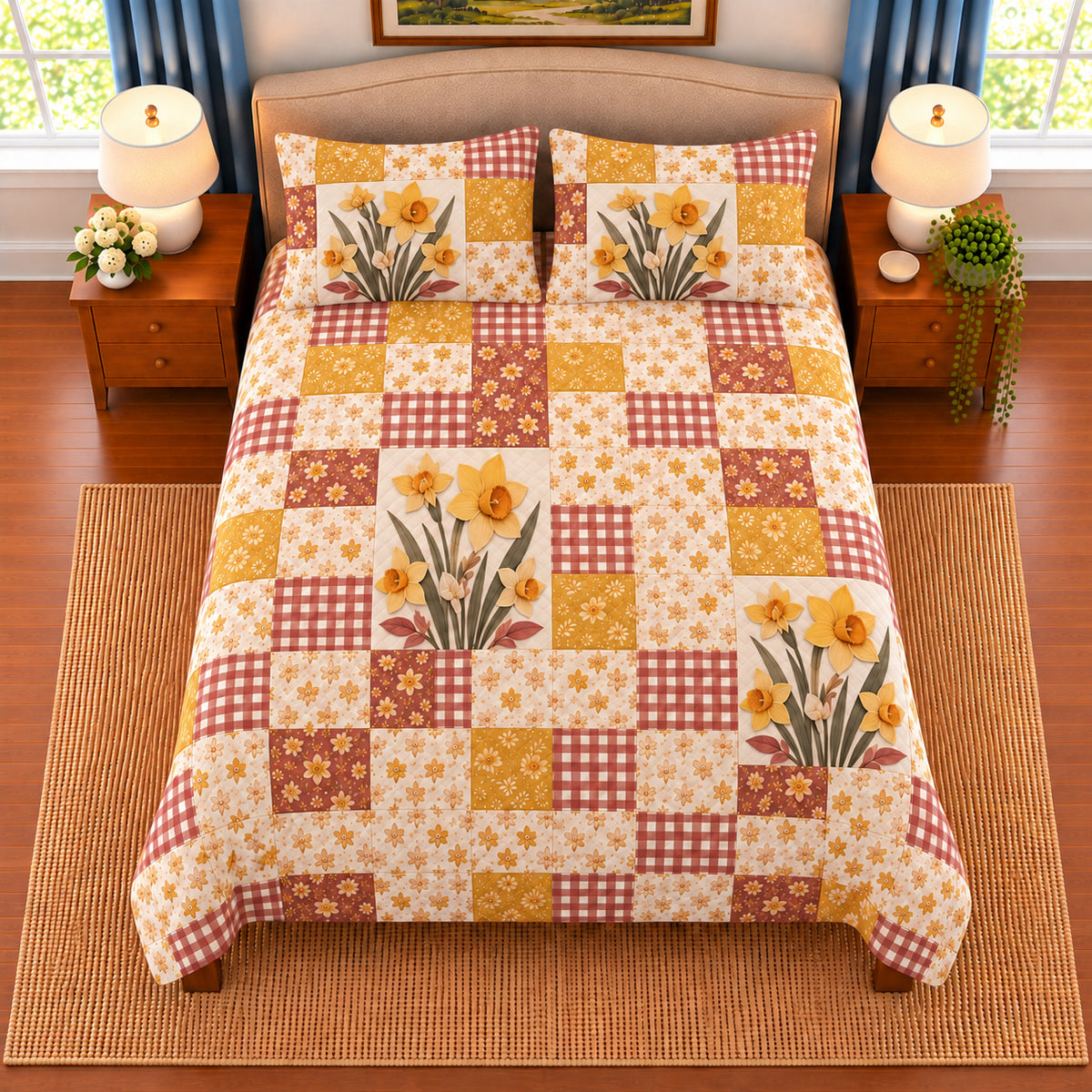 Daffodil patchwork quilt set, overhead view, AI-generated digital product mockup