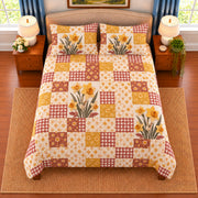 Daffodil patchwork quilt set, overhead view, AI-generated digital product mockup