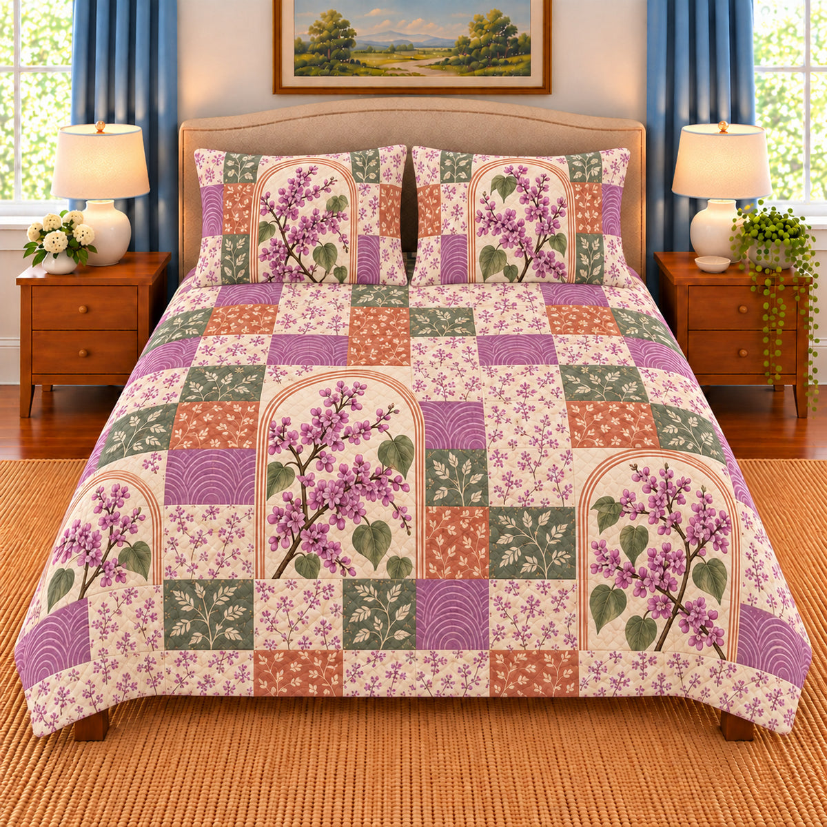 Eastern Redbud patchwork quilt set, front view, AI-generated digital product mockup