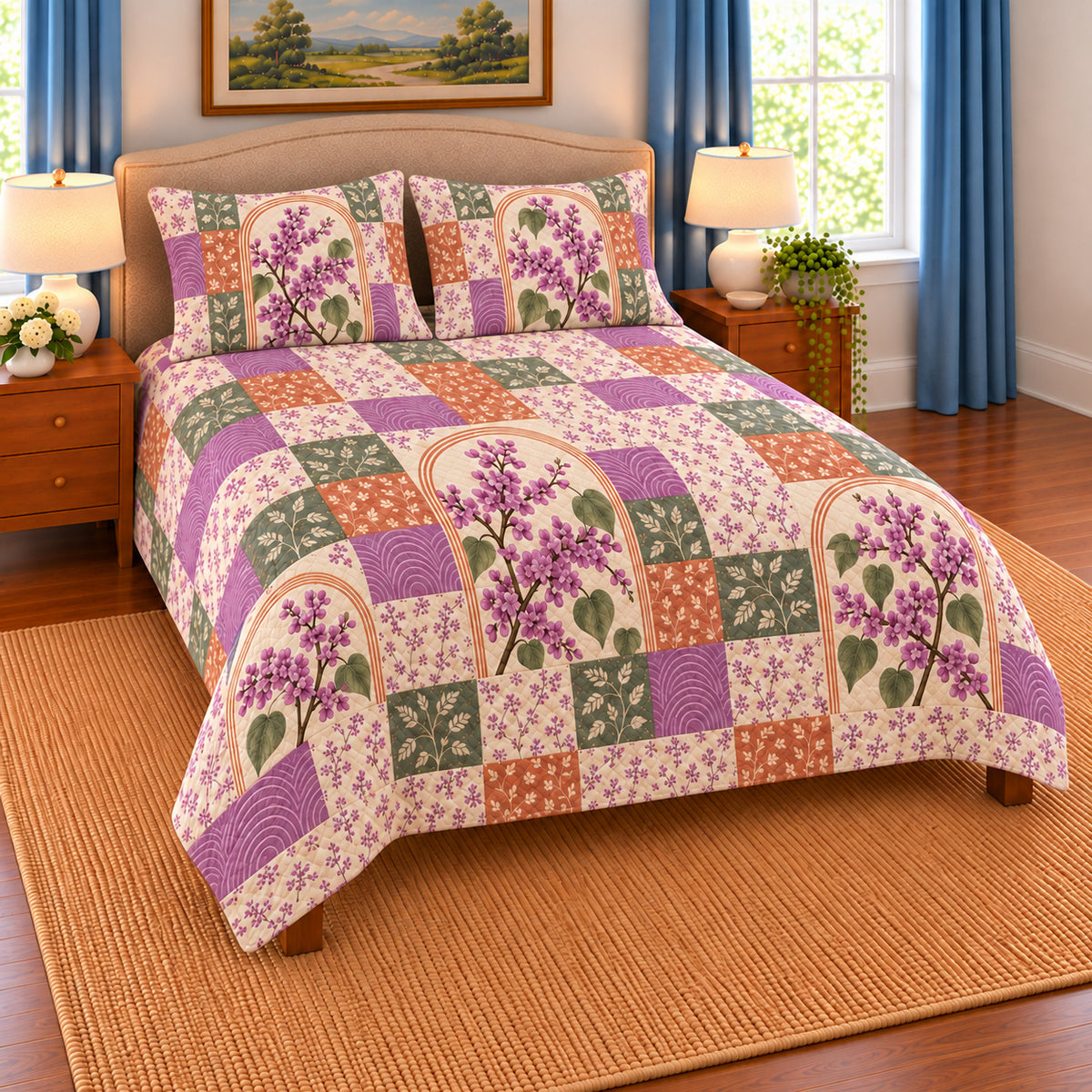 Eastern Redbud patchwork quilt set, left view, AI-generated digital product mockup