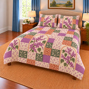 Eastern Redbud patchwork quilt set, right view, AI-generated digital product mockup