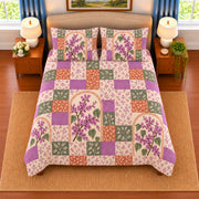 Eastern Redbud patchwork quilt set, overhead view, AI-generated digital product mockup