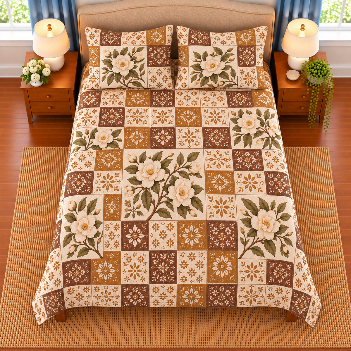 Gardenia patchwork quilt set, overhead view, AI-generated digital product mockup